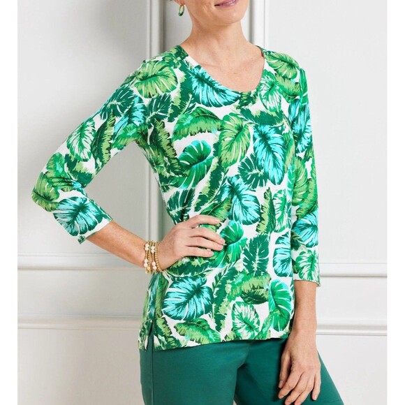 Talbots Size 2X Isle Fronds V-neck Print Cotton Sweater 3/4 Sleeve Green New - Picture 1 of 9